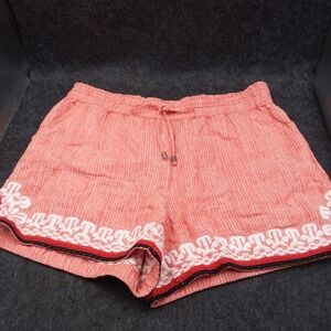 Anthropologie‎ Beachcomber Linen Embroidered Shorts Drawstring Waist Coral S